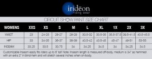 Circuit Show Pant by Irideon sizing chart