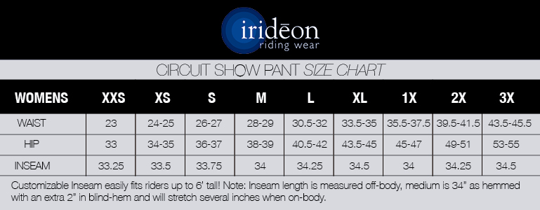 Circuit Show Pant by Irideon sizing chart